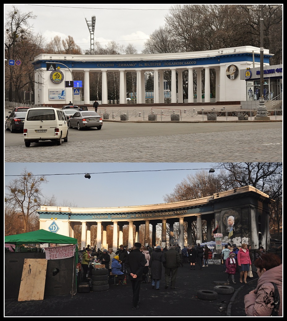 Kiev - revolution de 2014 Euromaidan. Photo avant et après les émeutes